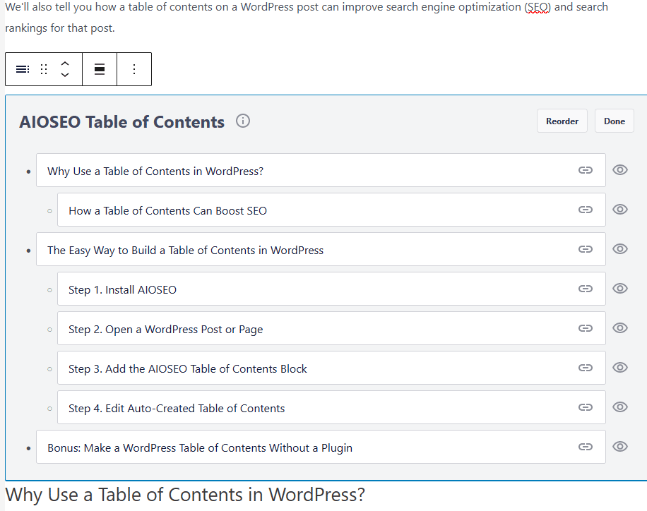 AIOSEO Auto Generated Table of Contents in WordPress