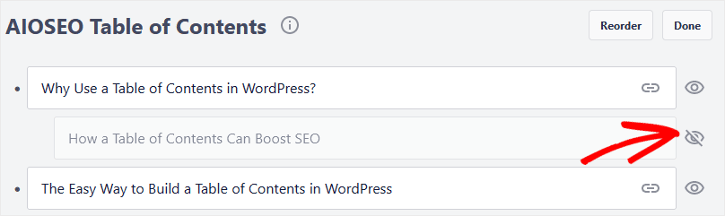 AIOSEO WordPress Table of Contents Hide Item