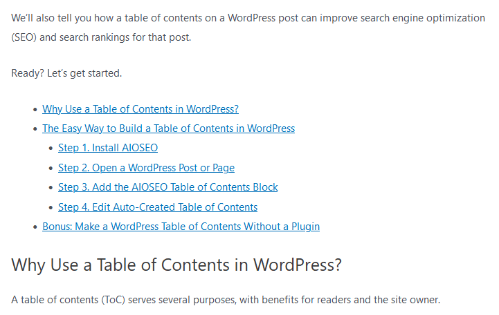 WordPress Table of Contents AIOSEO