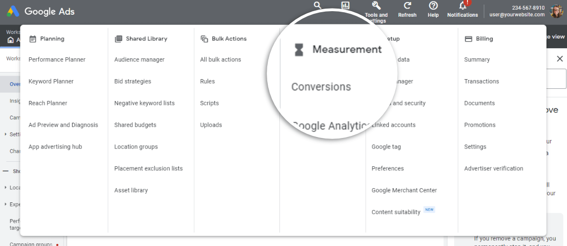 Google Ads Conversions Navigation