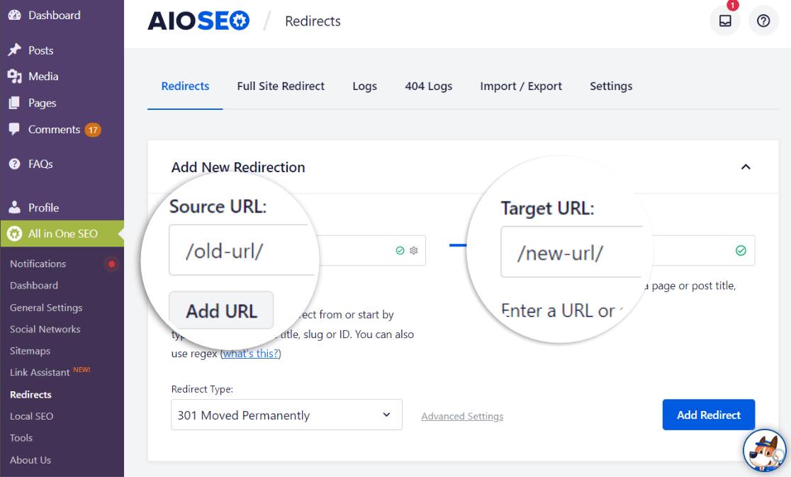 AIOSEO redirects - source URL and target URL