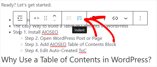 WordPress Table of Contents Item Indent