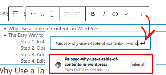 WordPress ToC Anchor Text Internal Link