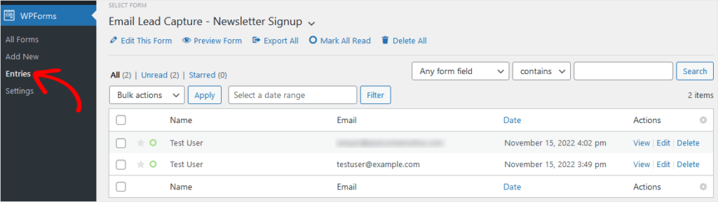 WPForms Optin Popup Entries