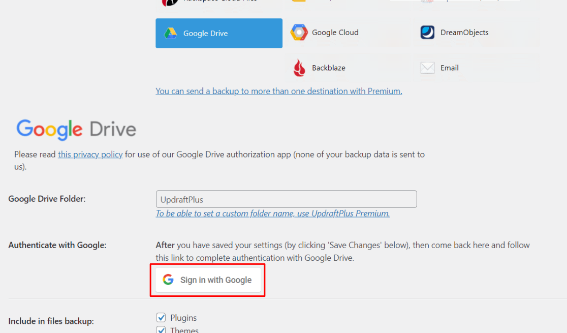 UpdraftPlus Google Sign in