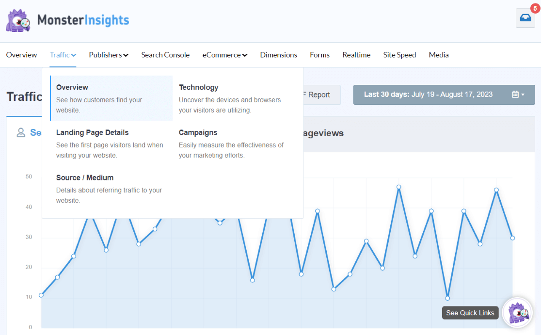 MonsterInsights Traffic reports dropdown