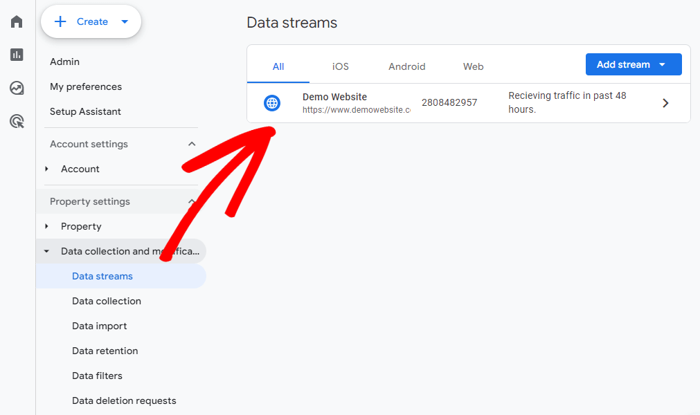 GA4 dashboard data streams