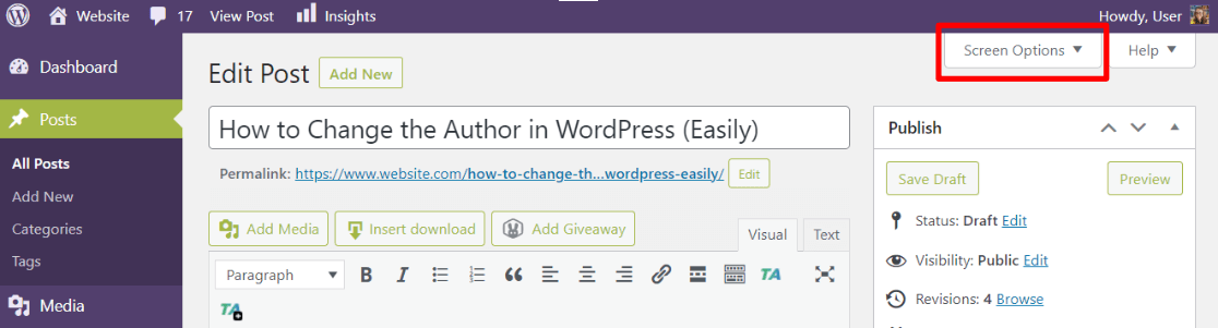 Screen options tab - change author in WordPress