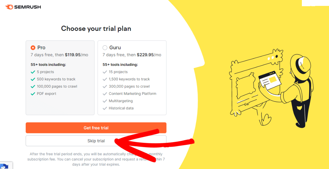 Semrush skip trial button for free version