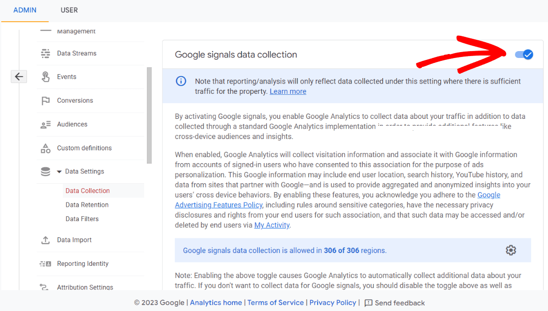 Turn on Google signals in GA4