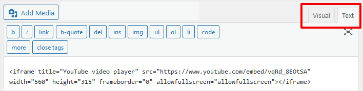 WordPress Text Tab Add Video Embed Code
