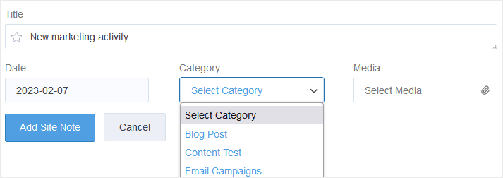 Add New Site Note Marketing Activity Example