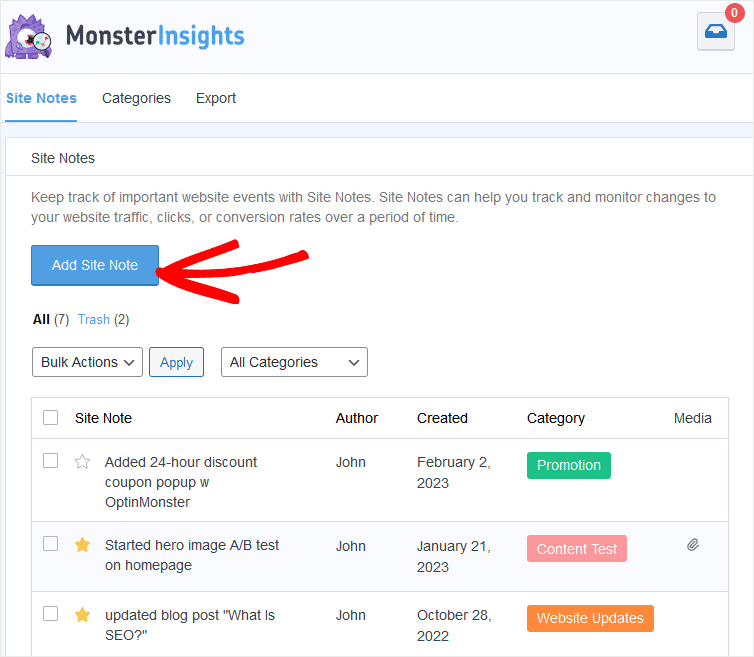 Site Notes List View Marketing Tracker Note Examples