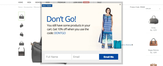 Shopping cart abandonment exit intent popup