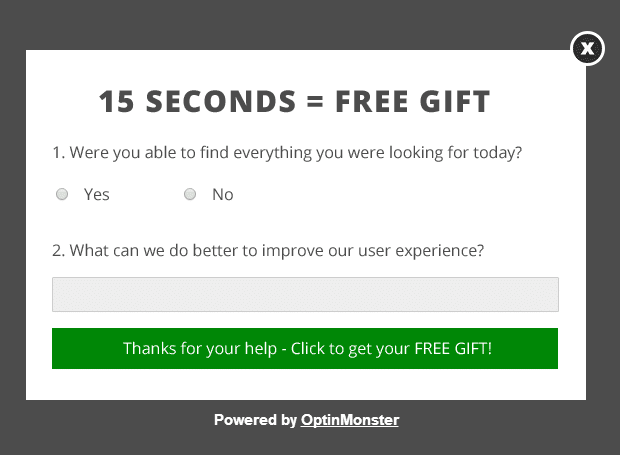 Exemple de popup d'enquête OptinMonster - comment obtenir les commentaires des clients en ligne