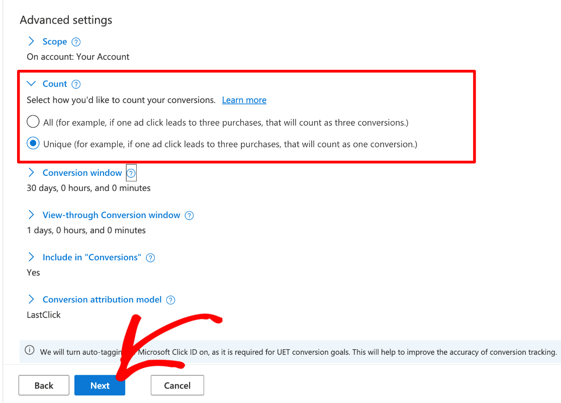 Microsoft ads conversion tracking advanced settings