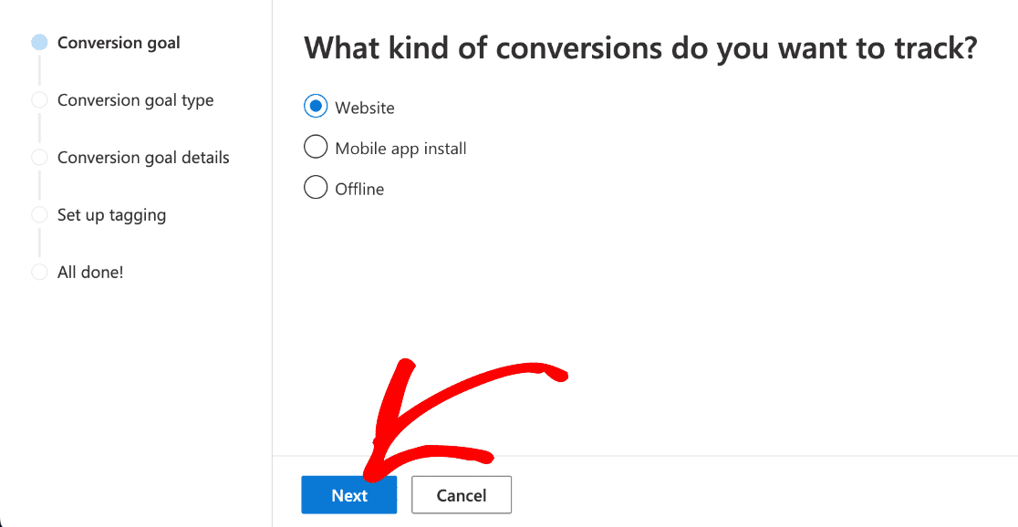 Microsoft Ads conversion type - website