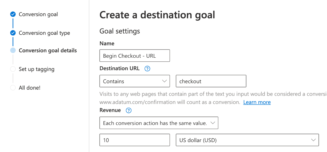 Microsoft Ads bing conversion tracking destination goal
