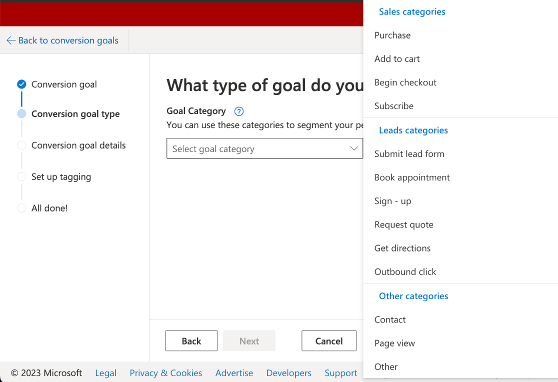 Microsoft Ads goal category