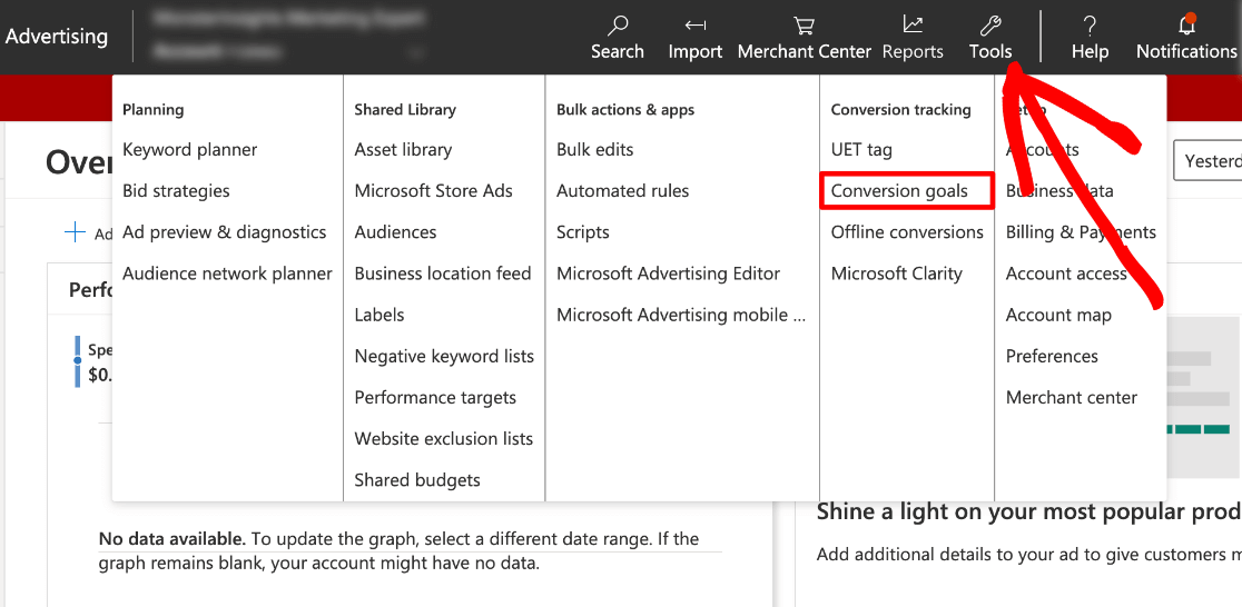 Microsoft Ads tools - conversion goals