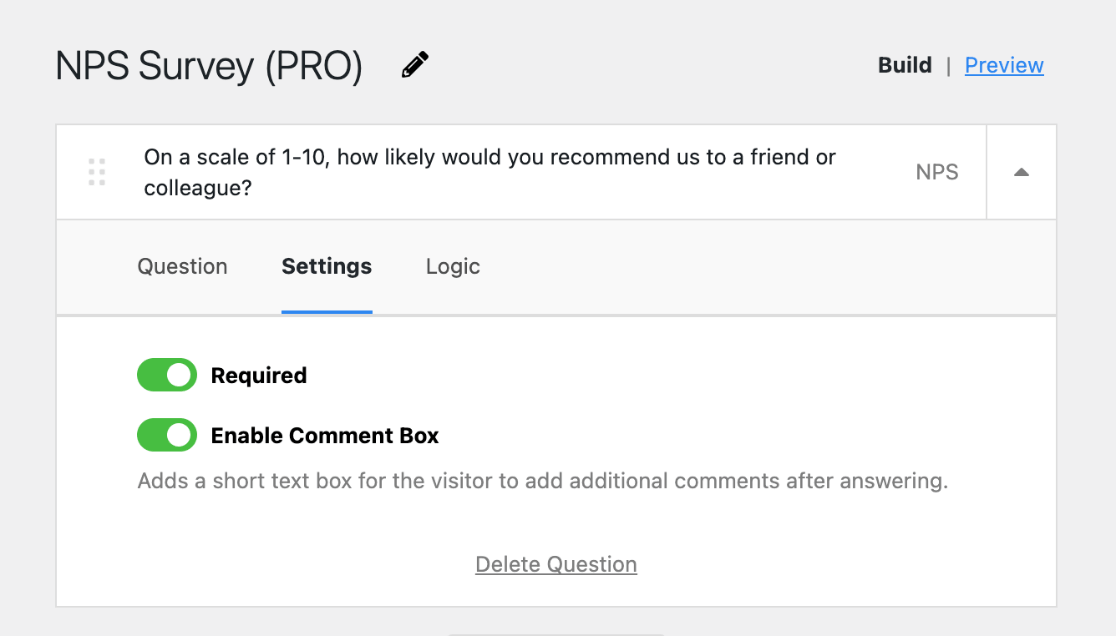 userfeedback nps survey template settings
