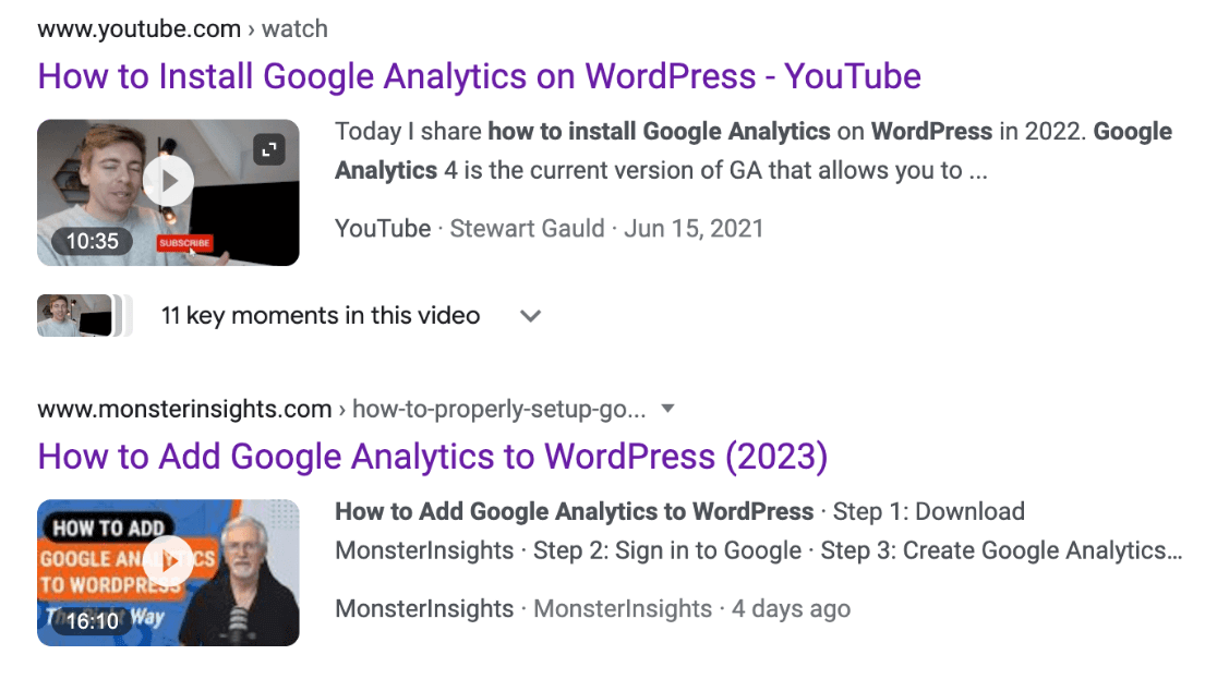 Video SEO SERP example