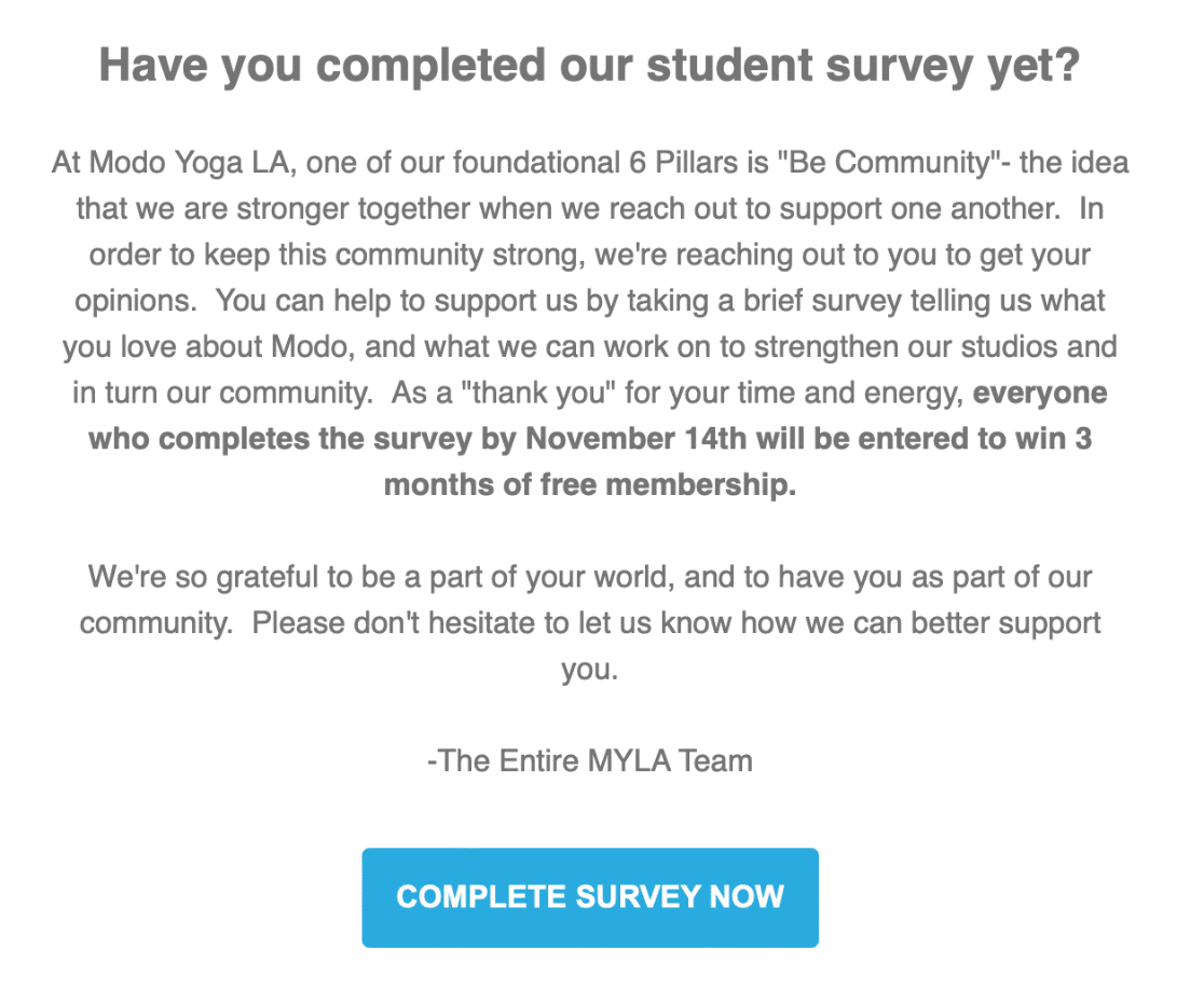 customer satisfaction survey examples - Modo yoga