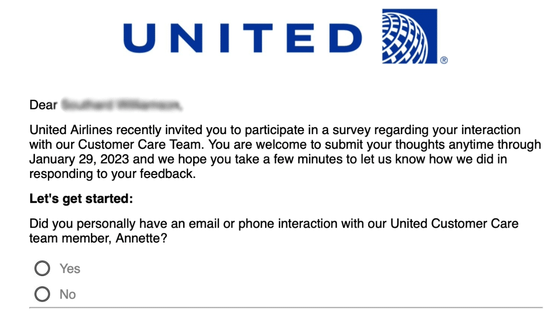 customer satisfaction survey examples - United Airlines