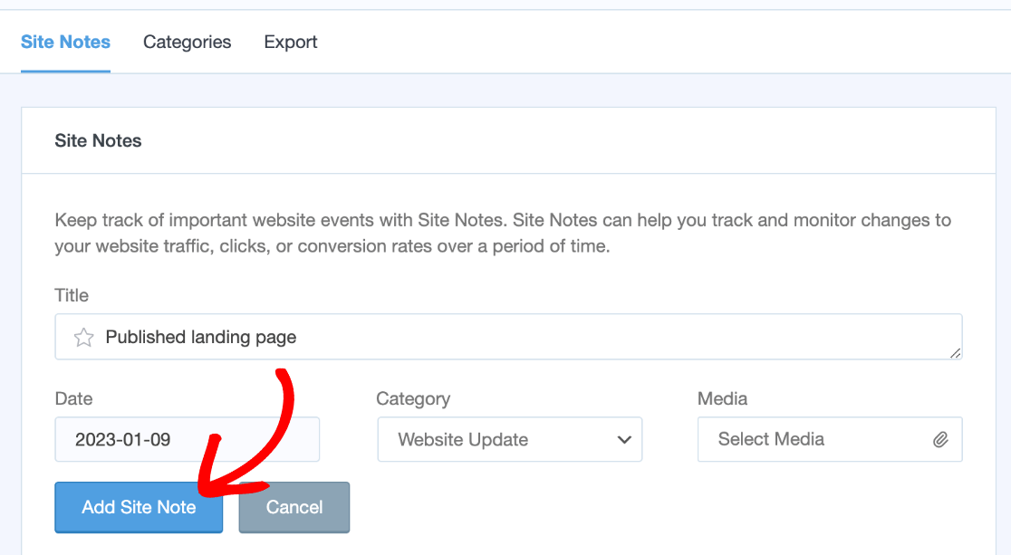 New site note details in Site Notes section