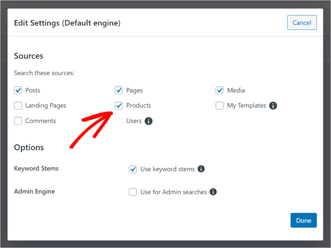 SearchWP WordPress search results page settings - Products