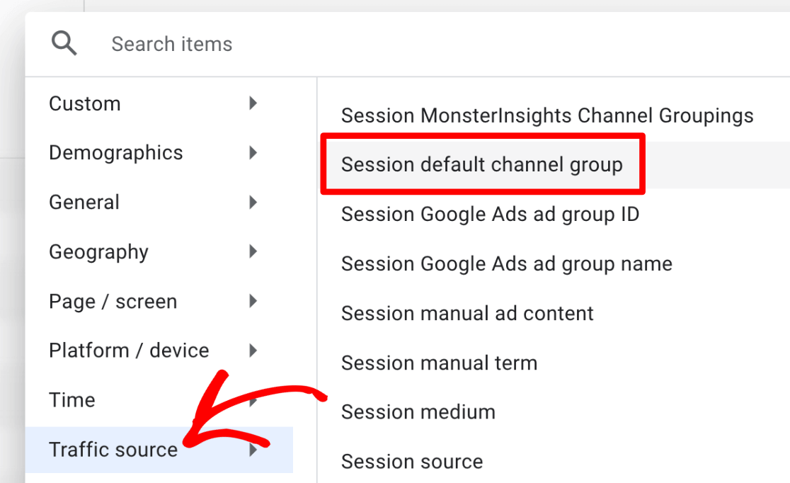 GA4 traffic source - session default channel groups