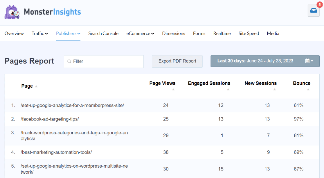 MonsterInsights Pages Report