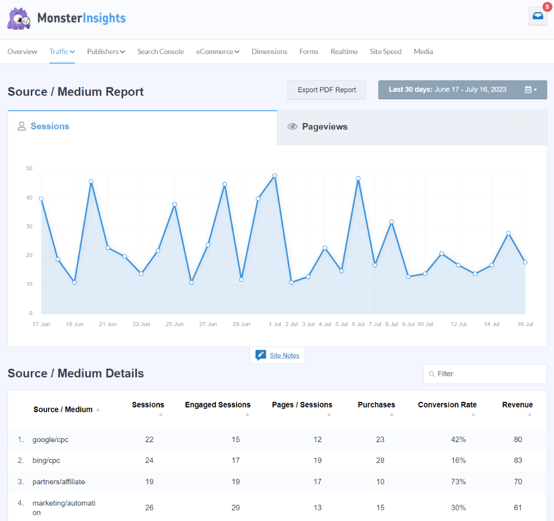 source/medium report MonsterInsights