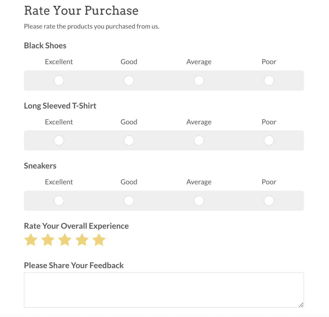 WPForms rate your purchase review template