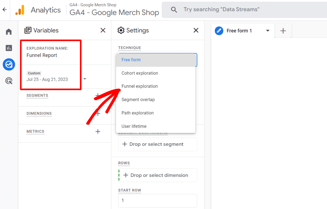 GA4 funnel exploration basic options