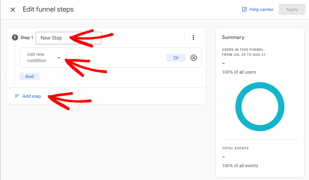 GA4 funnel report - steps screen