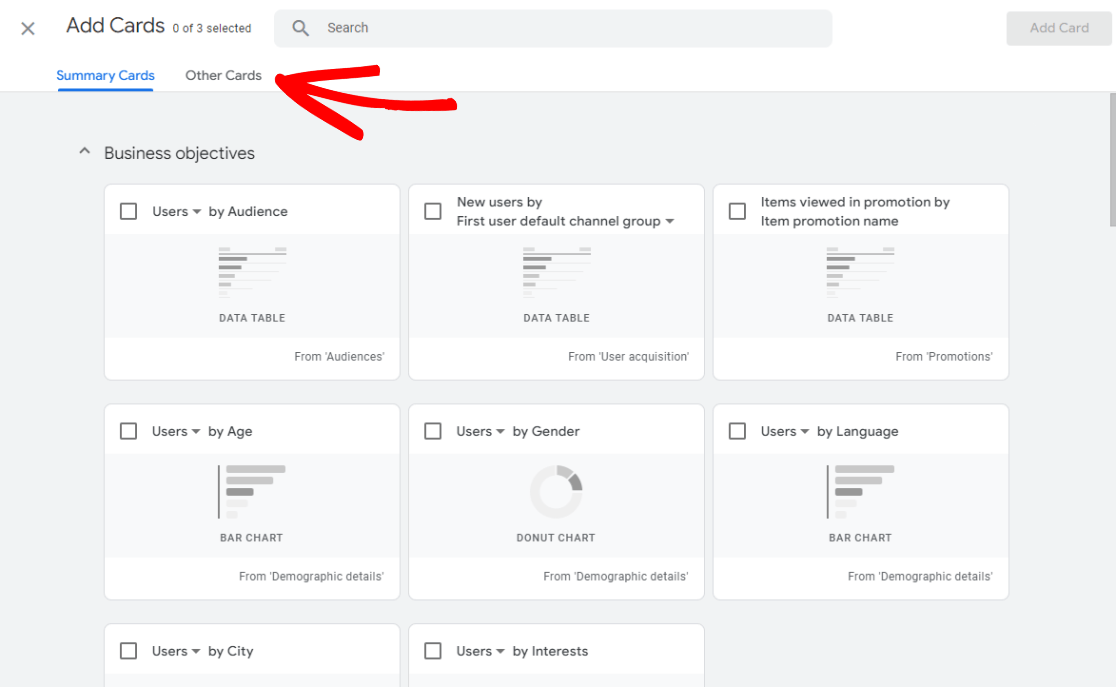 Add other cards to your GA4 dashboard