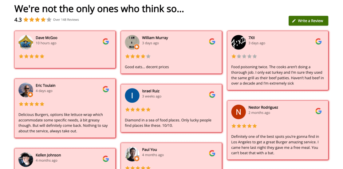 Reviews Feed Pro on a page - Google reviews on website examples