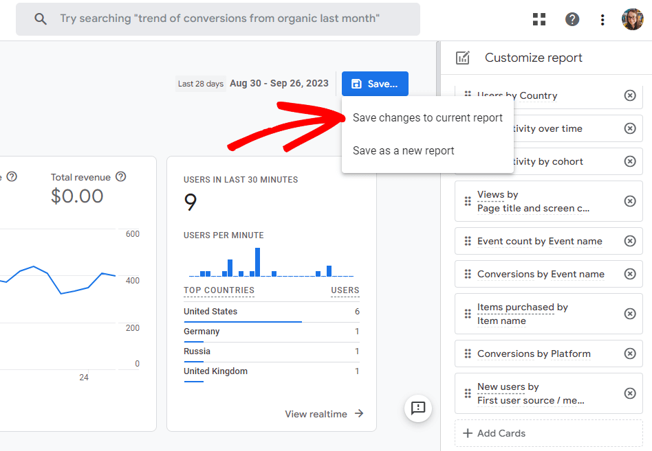 Save changes to your current GA4 dashboard report