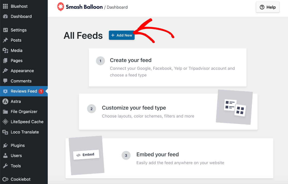 Smash Balloon Reviews Feed pro - add new