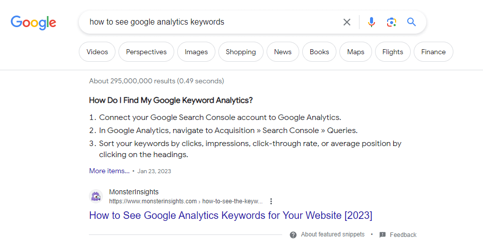 See Google Analytics keywords example in Google answer box