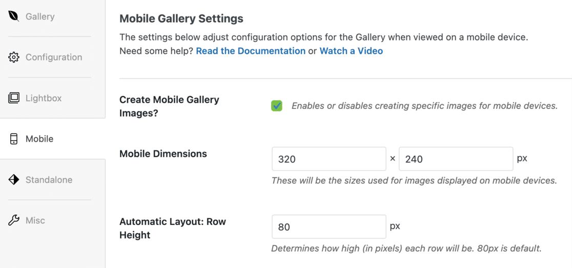 Mobile settings Envira Gallery