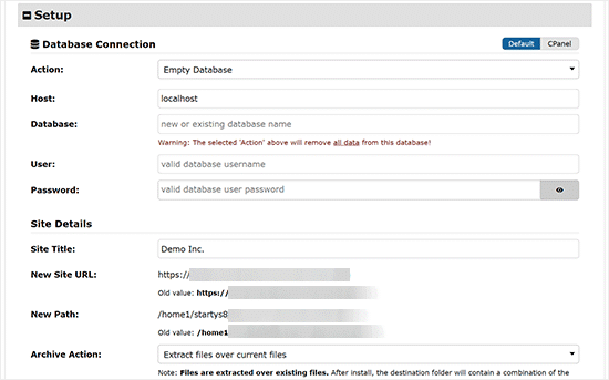 duplicator database details