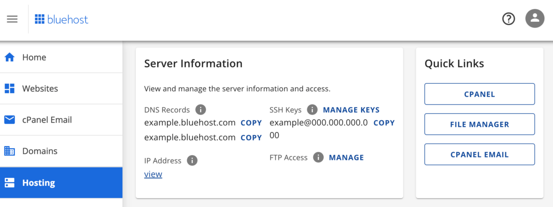 Bluehost hosting dashboard