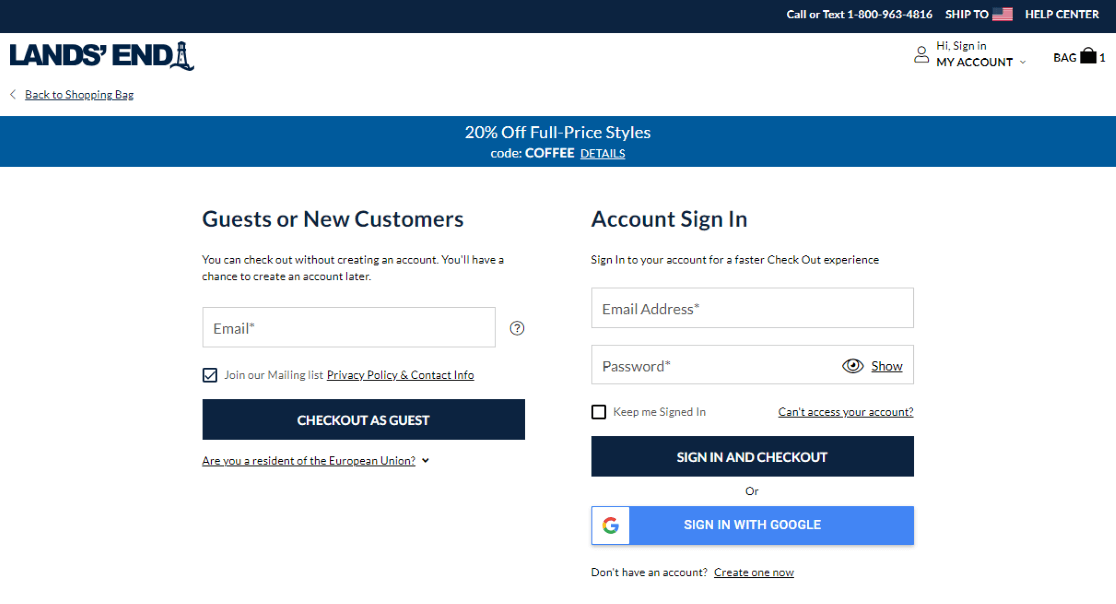 An example of a guest checkout screen