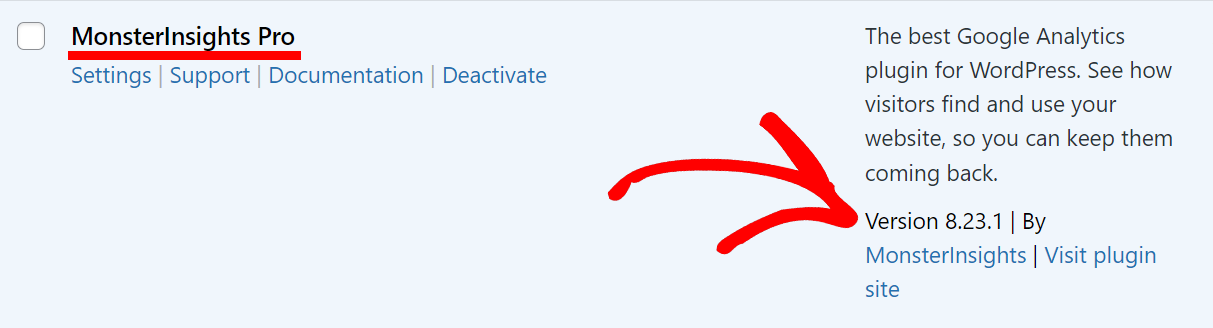 Showing the plugin page, with MonsterInsights Pro highlighted and an arrow pointing to the version number