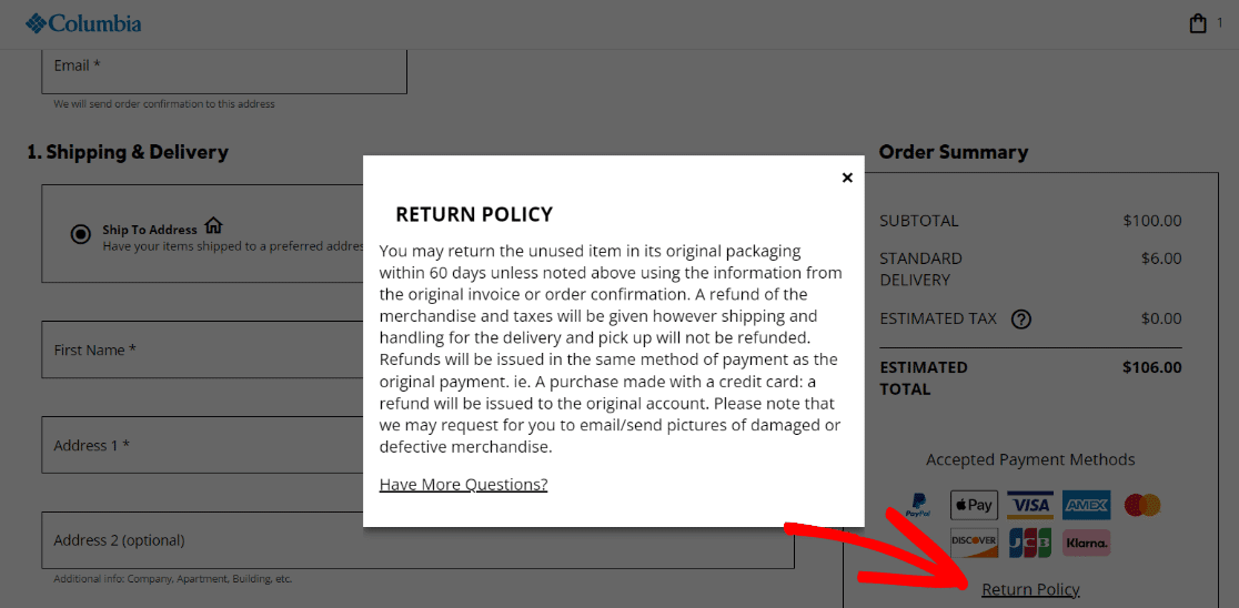 Return policy example - reduce cart abandonment