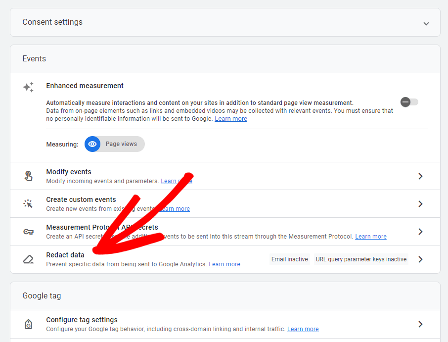 Redact data settings in GA4