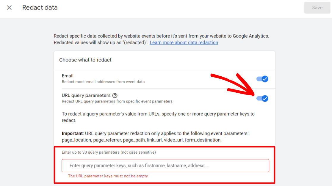 Redact data in Google Analytics - Query Parameters
