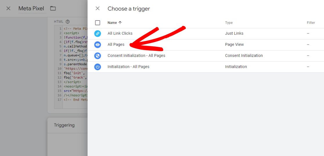 All Pages Trigger - Meta Pixel in Google Tag Manager